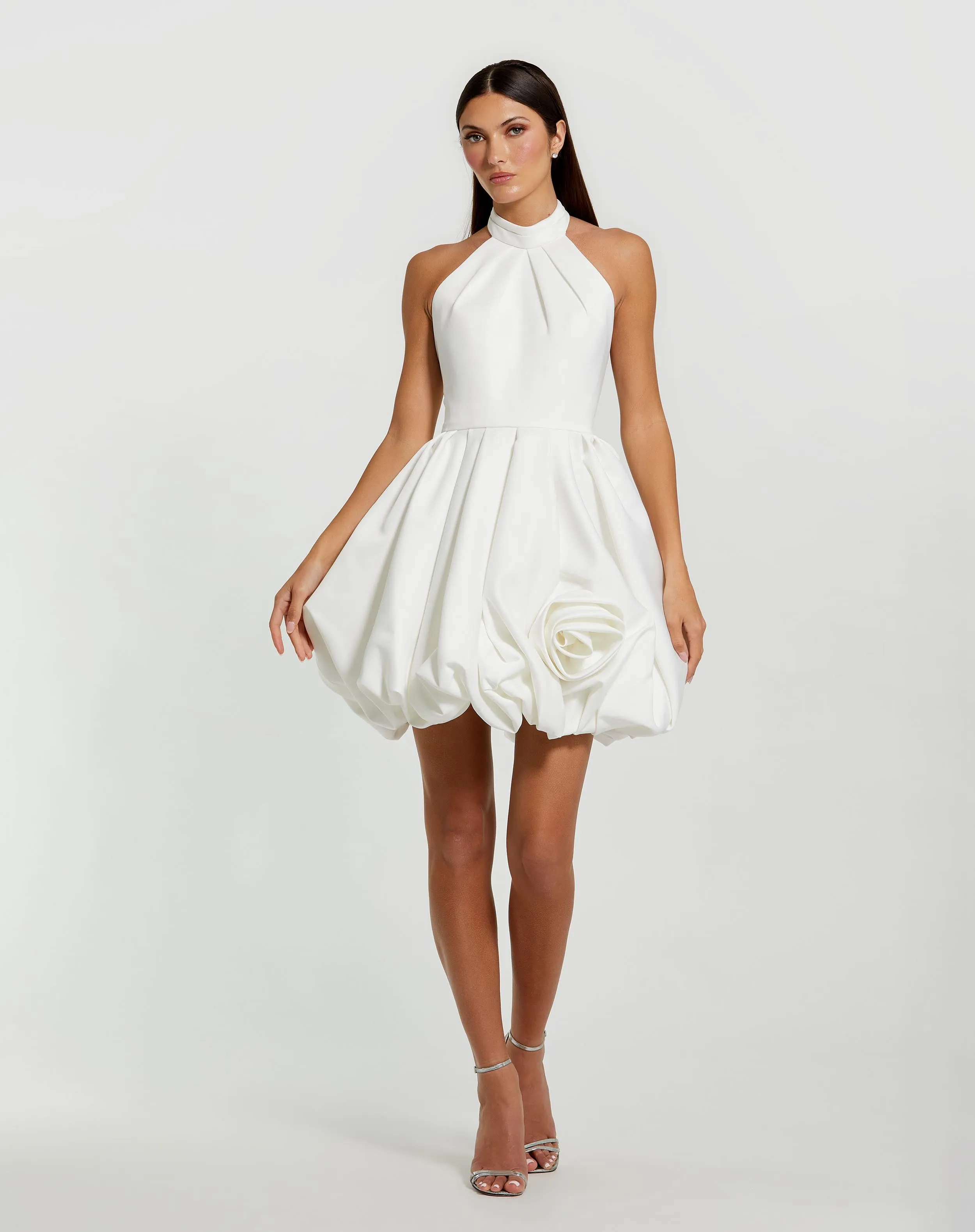 White Halter Neck Bubble Hem Satin Mini Dress sold by Mac Duggal