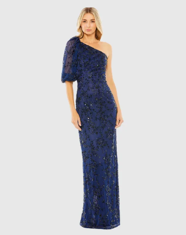 Navy One Shoulder Puff Sleeve Embellished Column Gown sold by Mac Duggal