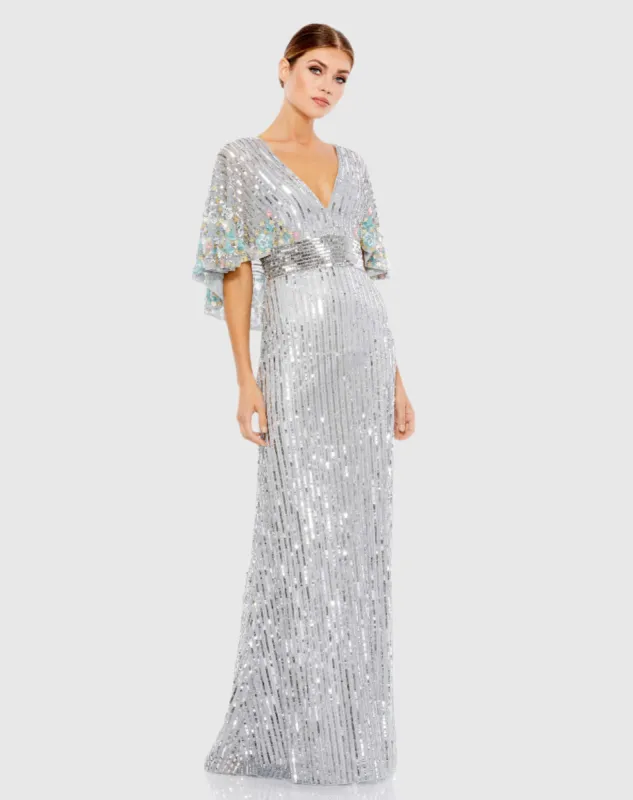 Sequined V Neck Floral Embellished Cape Sleeve Gown sold by Mac Duggal
