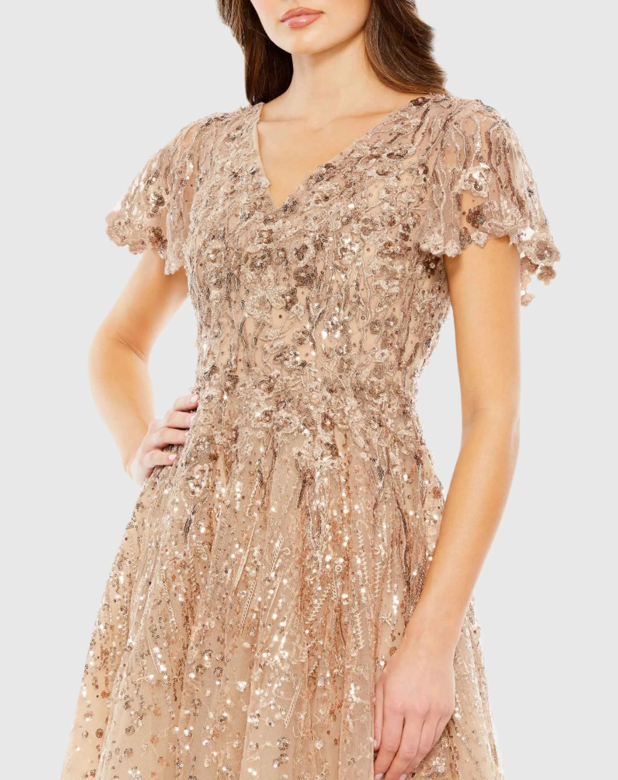 Beige Embellished Butterfly Fit and Flare Tea-Length Dress sold by Mac Duggal product image thumbnail 2