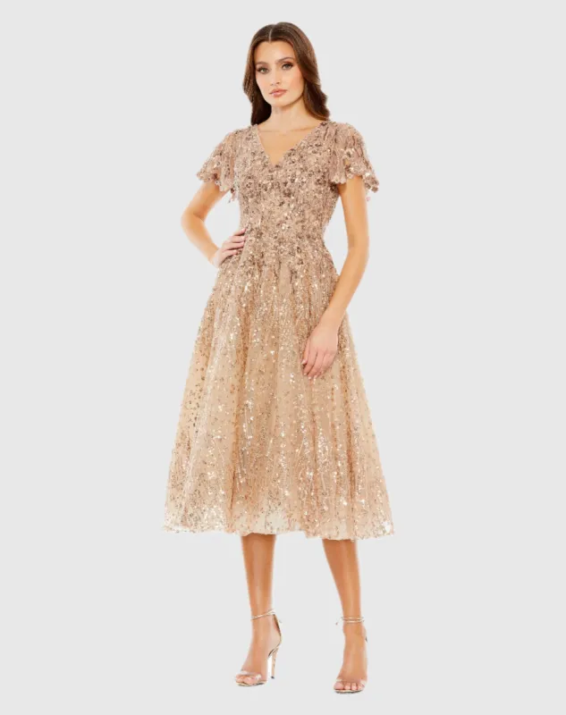 Beige Embellished Butterfly Fit and Flare Tea-Length Dress sold by Mac Duggal