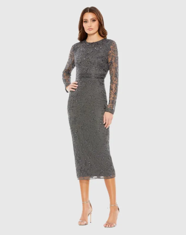 Gray Beaded Tea Length Dress w/ Sheer Sleeves sold by Mac Duggal