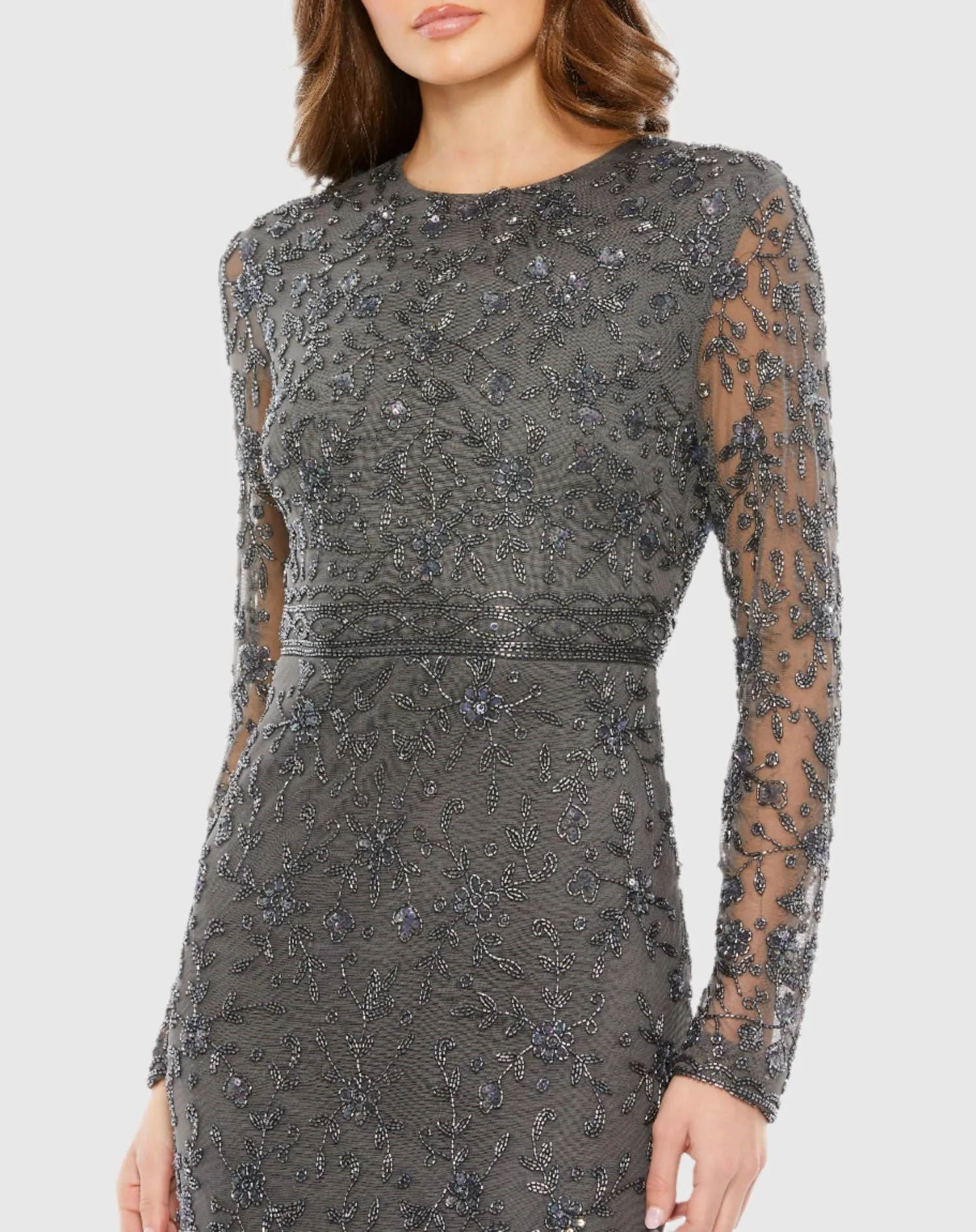Gray Beaded Tea Length Dress w/ Sheer Sleeves sold by Mac Duggal product image thumbnail 2
