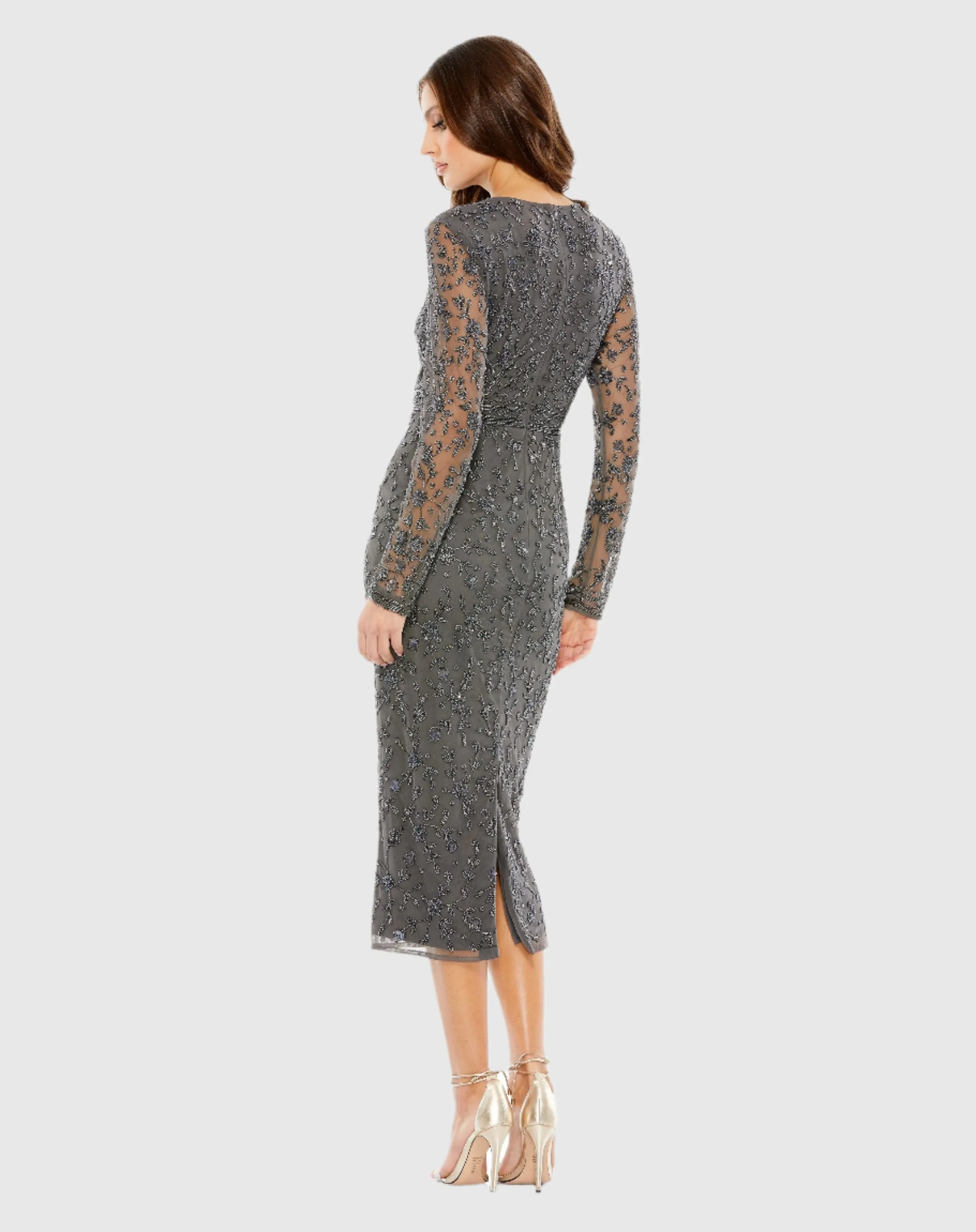 Gray Beaded Tea Length Dress w/ Sheer Sleeves sold by Mac Duggal product image thumbnail 3