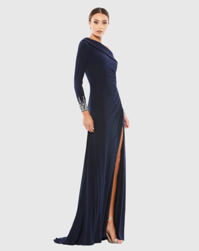 Beaded Cuff Drop Shoulder Faux Wrap Gown sold by Mac Duggal