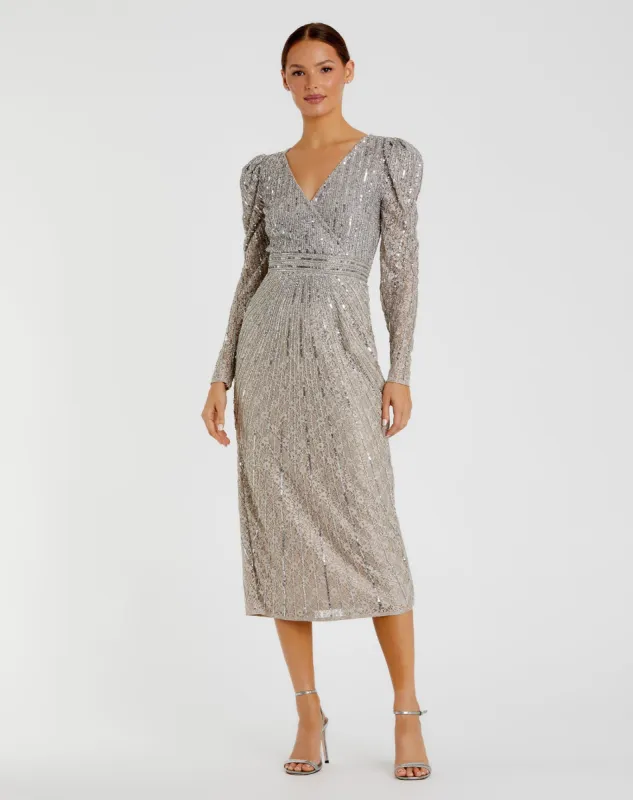 Gray Beaded Lace Long Sleeve Midi Dress sold by Mac Duggal