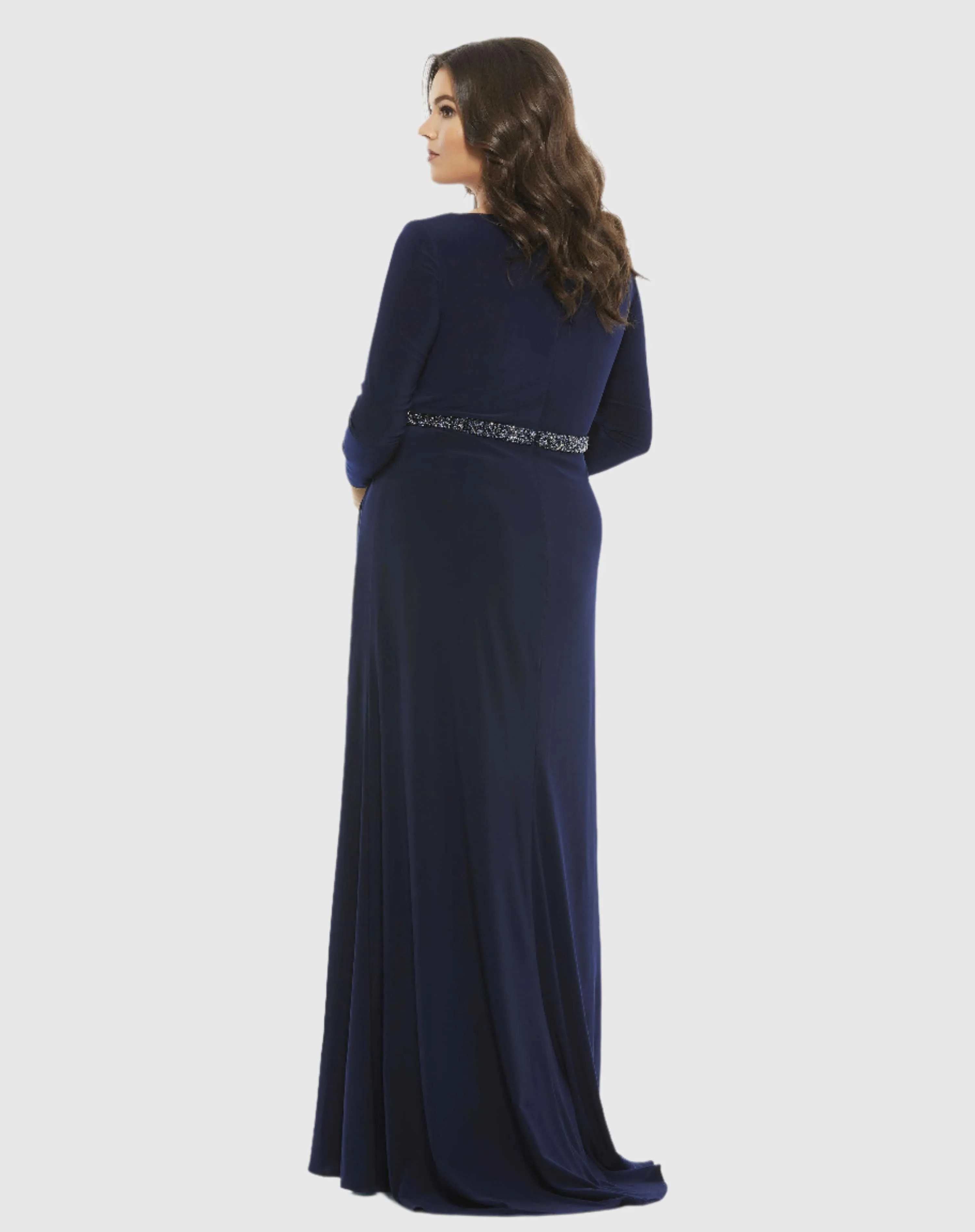 Navy Beaded Belt Jersey Faux Wrap Long Sleeve Gown sold by Mac Duggal product image thumbnail 3