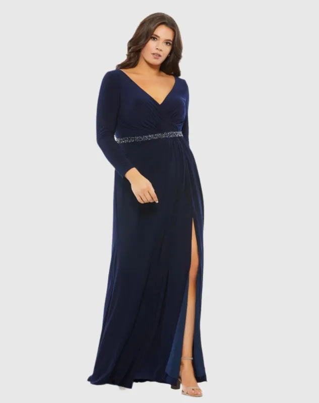 Navy Beaded Belt Jersey Faux Wrap Long Sleeve Gown sold by Mac Duggal