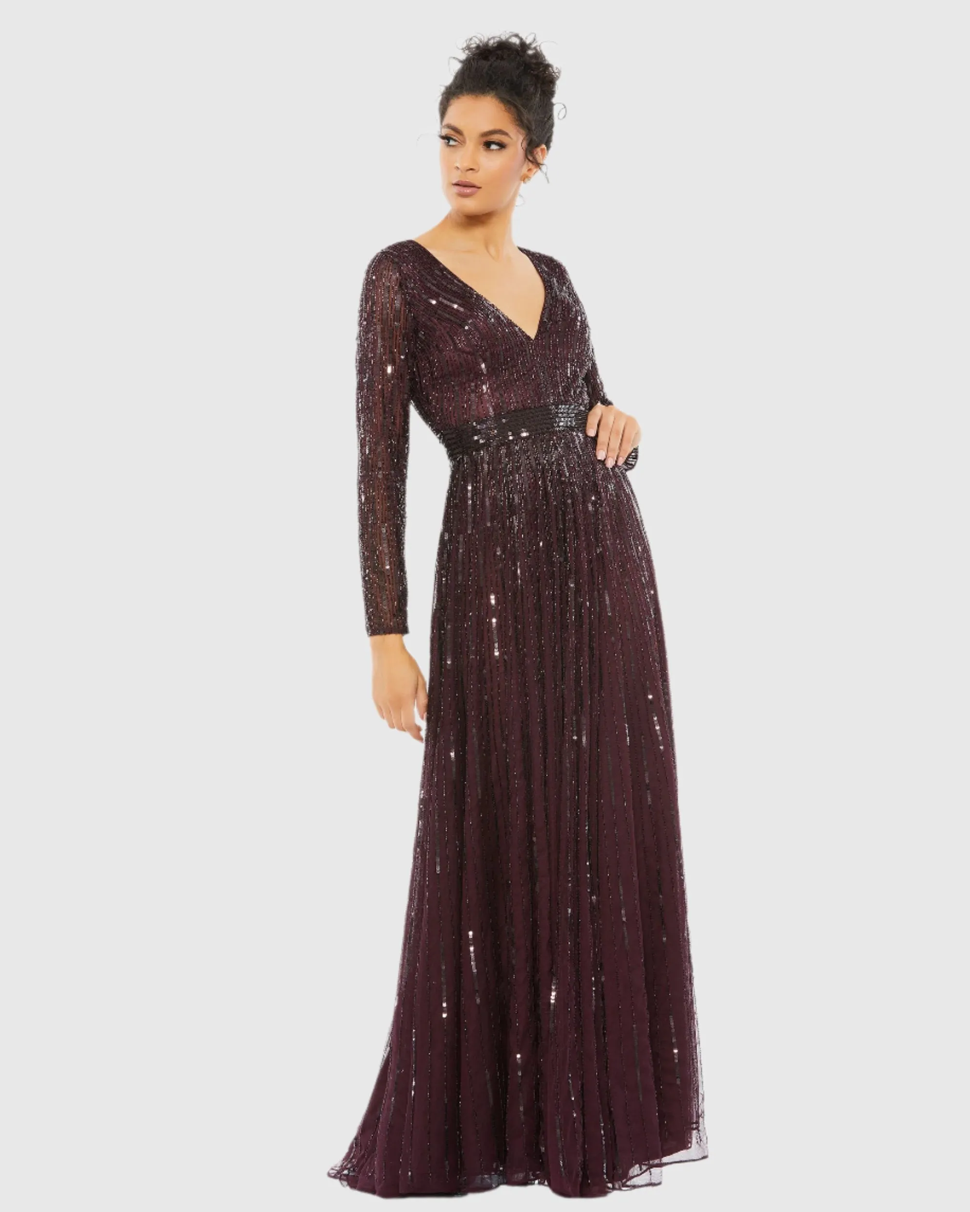 Sequined V Neck Illusion Sleeve A Line Gown sold by Mac Duggal product image thumbnail 2