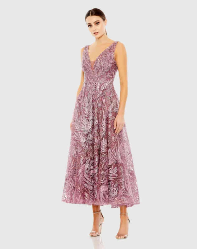 V-Neck Low Cut Back Floral Embroidered A-Line Dress sold by Mac Duggal
