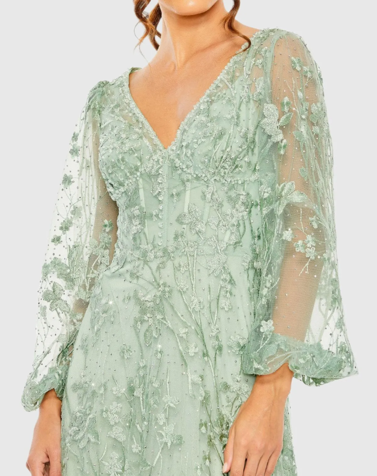 Green Puff Sleeve A-Line Embroidered Gown sold by Mac Duggal product image thumbnail 2