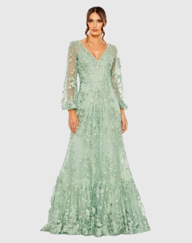 Green Puff Sleeve A-Line Embroidered Gown sold by Mac Duggal
