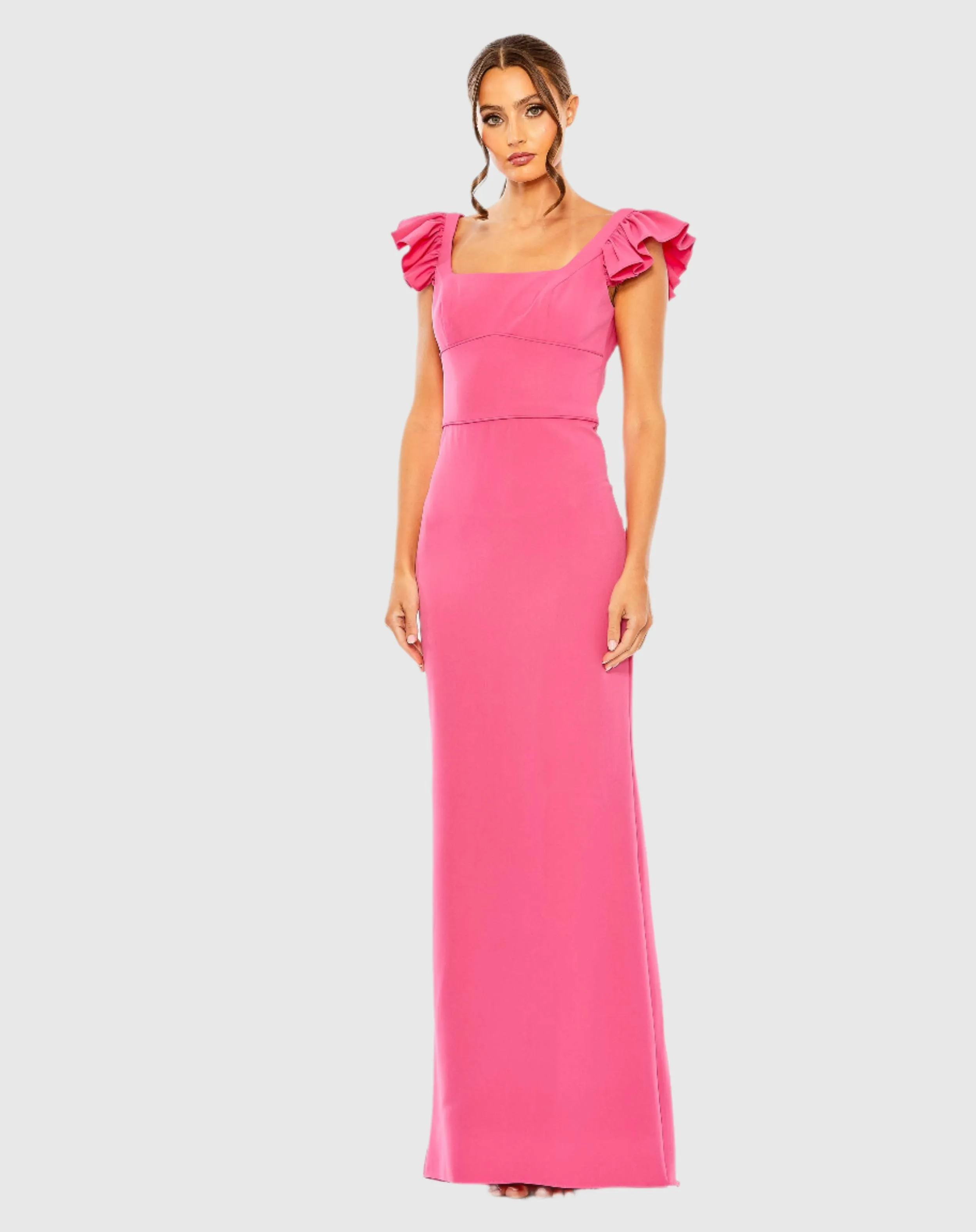 Ruffle Cap Sleeve Open Back Column Gown sold by Mac Duggal