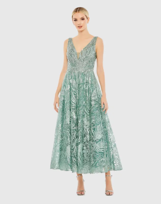 Green V-Neck Low Cut Back Floral Embroidered A-Line Dress sold by Mac Duggal