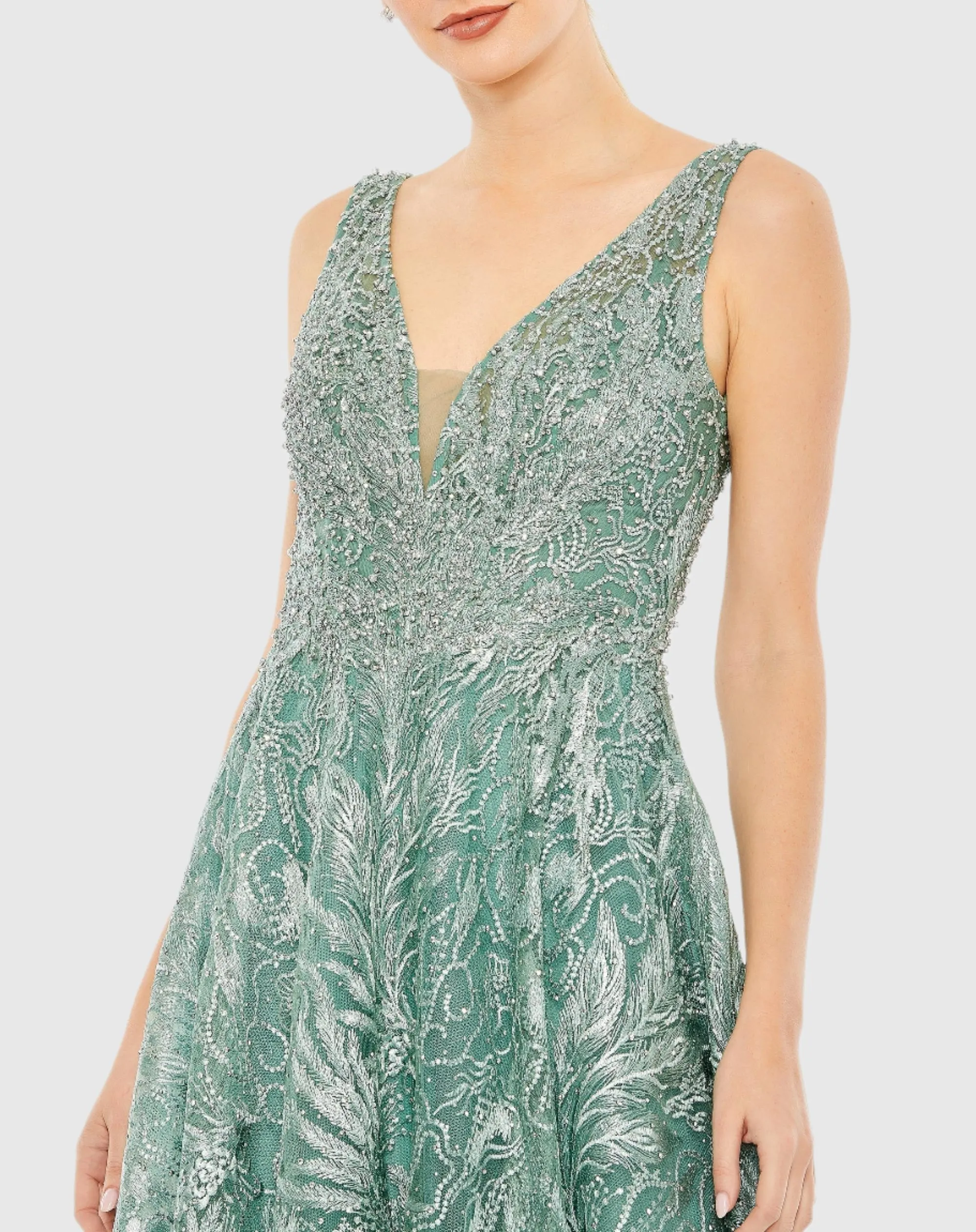 Green V-Neck Low Cut Back Floral Embroidered A-Line Dress sold by Mac Duggal product image thumbnail 2