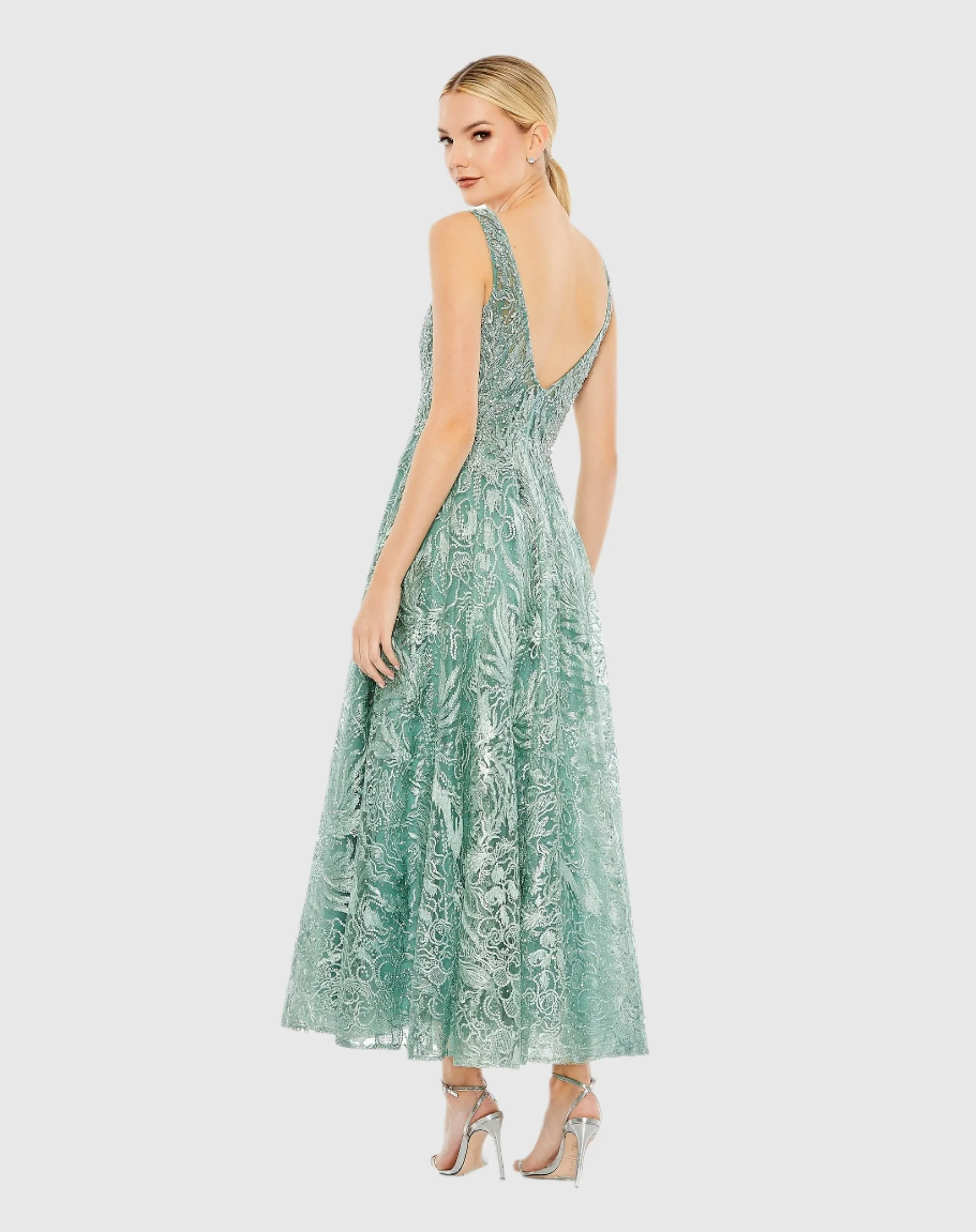 Green V-Neck Low Cut Back Floral Embroidered A-Line Dress sold by Mac Duggal product image thumbnail 3