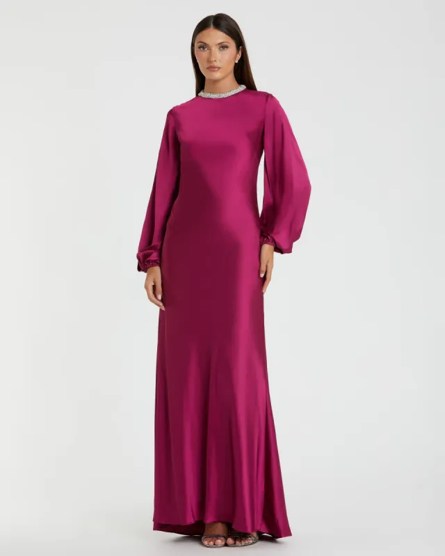 Beaded High Neck Bishop Sleeve Satin Gown sold by Mac Duggal