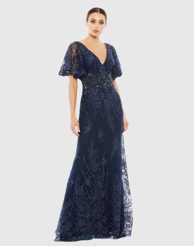 Navy Embellished Flutter Sleeve Evening Gown sold by Mac Duggal
