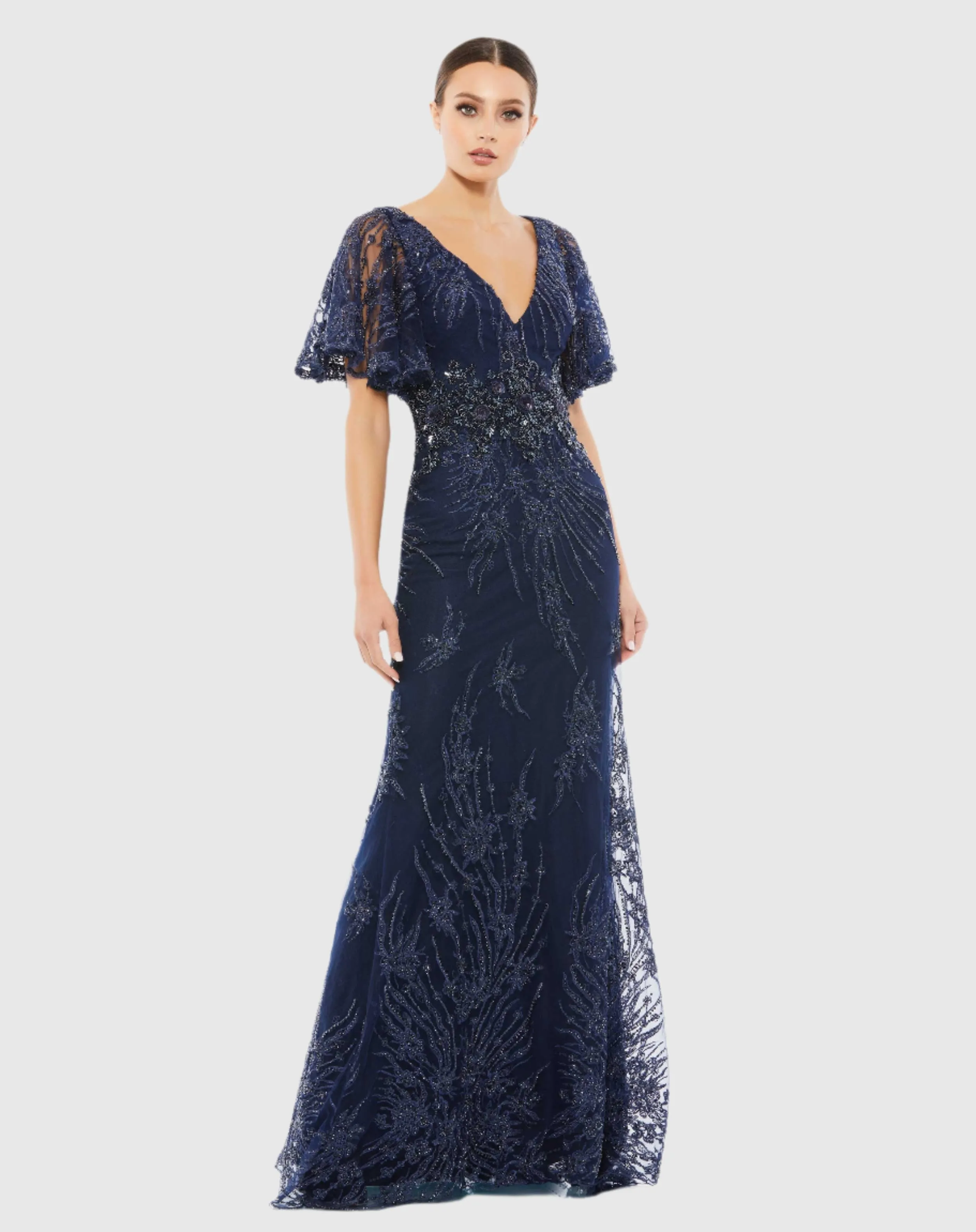 Navy Embellished Flutter Sleeve Evening Gown sold by Mac Duggal