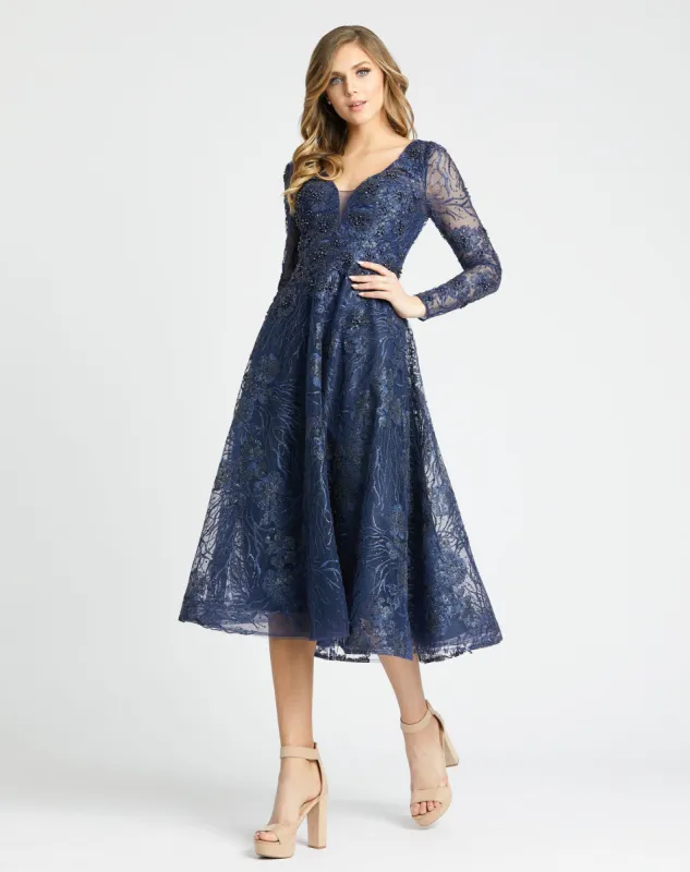 Embellished Plunge Neck Illusion Long Sleeve Midi sold by Mac Duggal