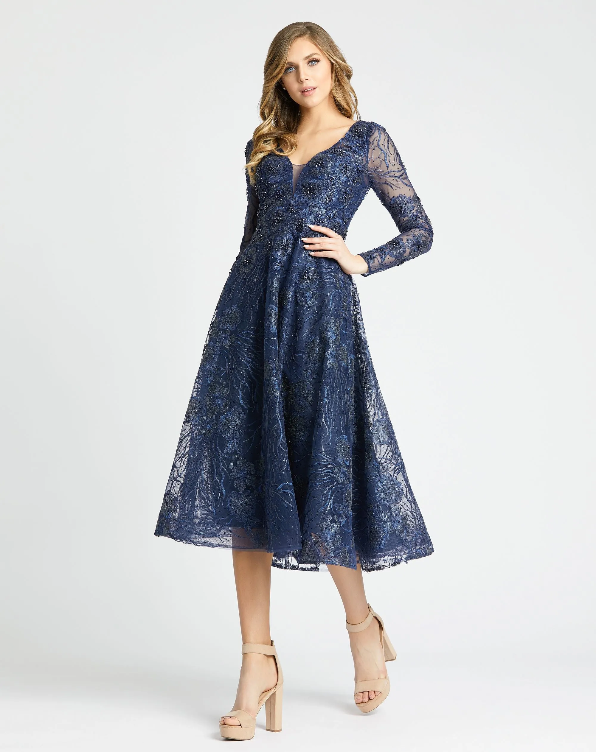 Embellished Plunge Neck Illusion Long Sleeve Midi sold by Mac Duggal