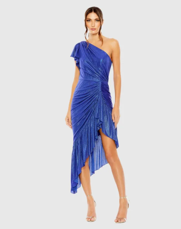 Blue One Shoulder Flutter Sleeve High Low Dress sold by Mac Duggal