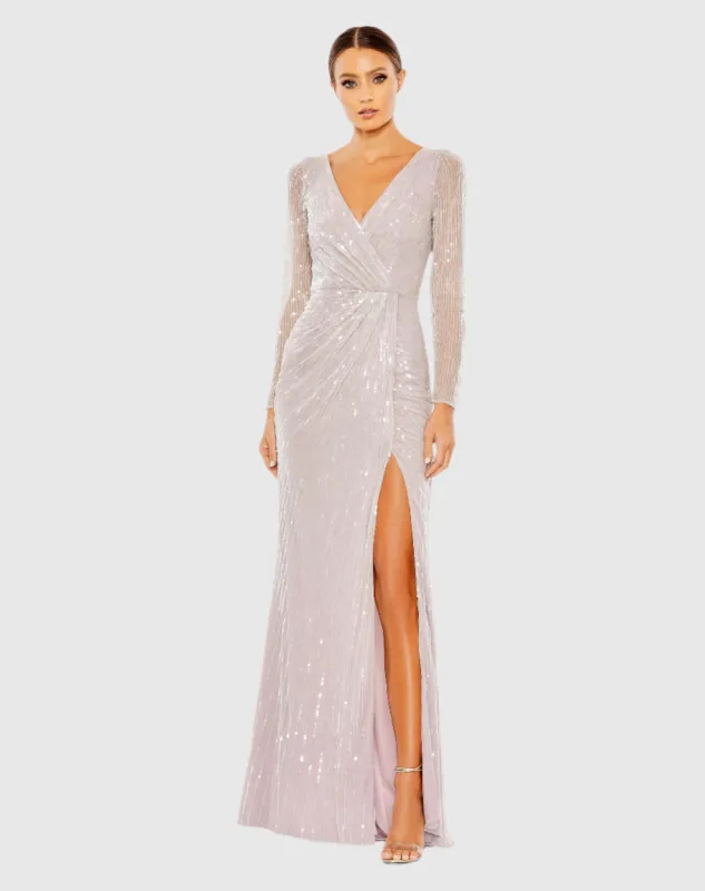 Sequined Faux Wrap Long Sleeve Gown sold by Mac Duggal