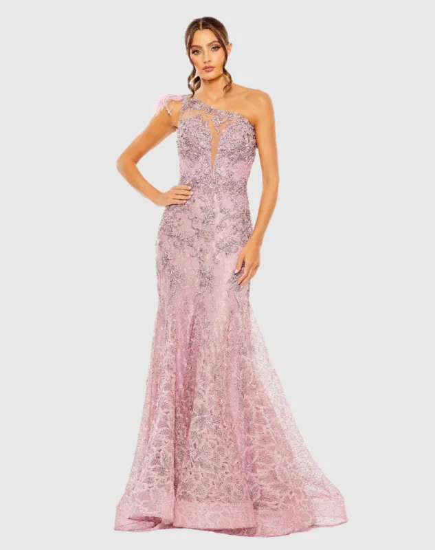 Pink Embroidered Applique Feathered One Shoulder Trumpet Gown sold by Mac Duggal