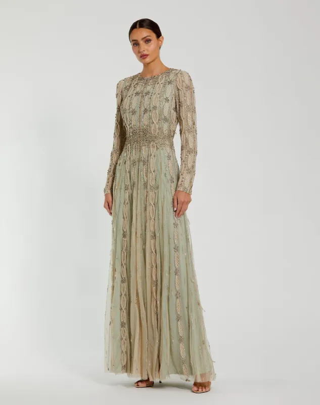 Green Embellished Mesh Long Sleeve A Line Gown sold by Mac Duggal