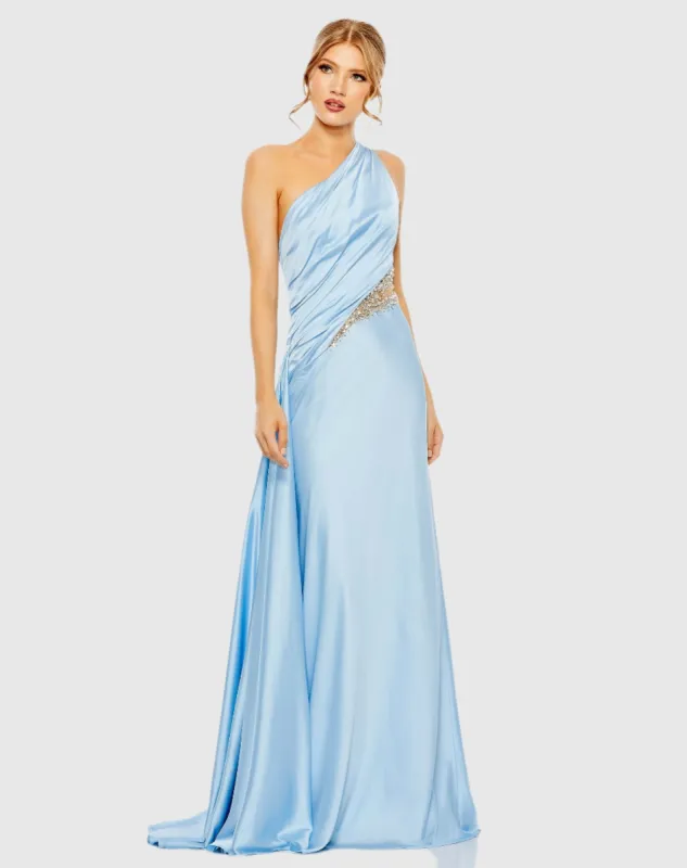 Blue One Shoulder Charmeuse Gown With Beaded Cutout sold by Mac Duggal