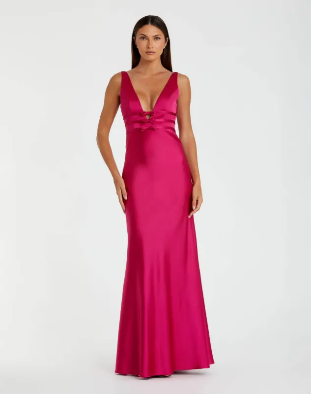 Hot Pink Sleeveless V Neck Satin Gown With Bow Details sold by Mac Duggal