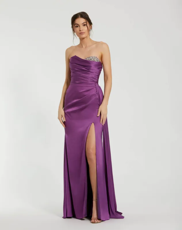 Purple Strapless Embellished Sweetheart Neckline Satin Gown sold by Mac Duggal