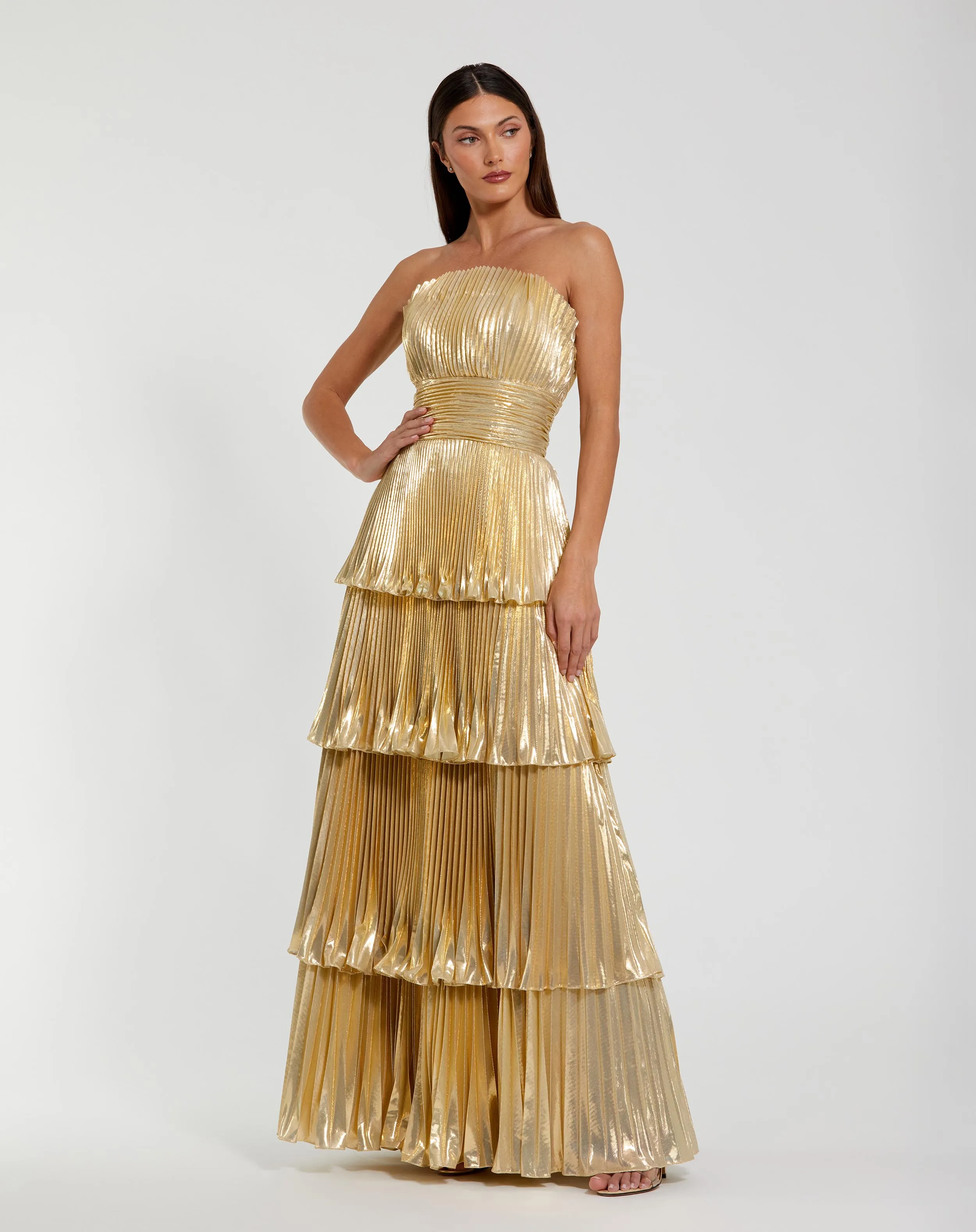 Gold Strapless Pleated Metallic Layered Ruffle Gown sold by Mac Duggal