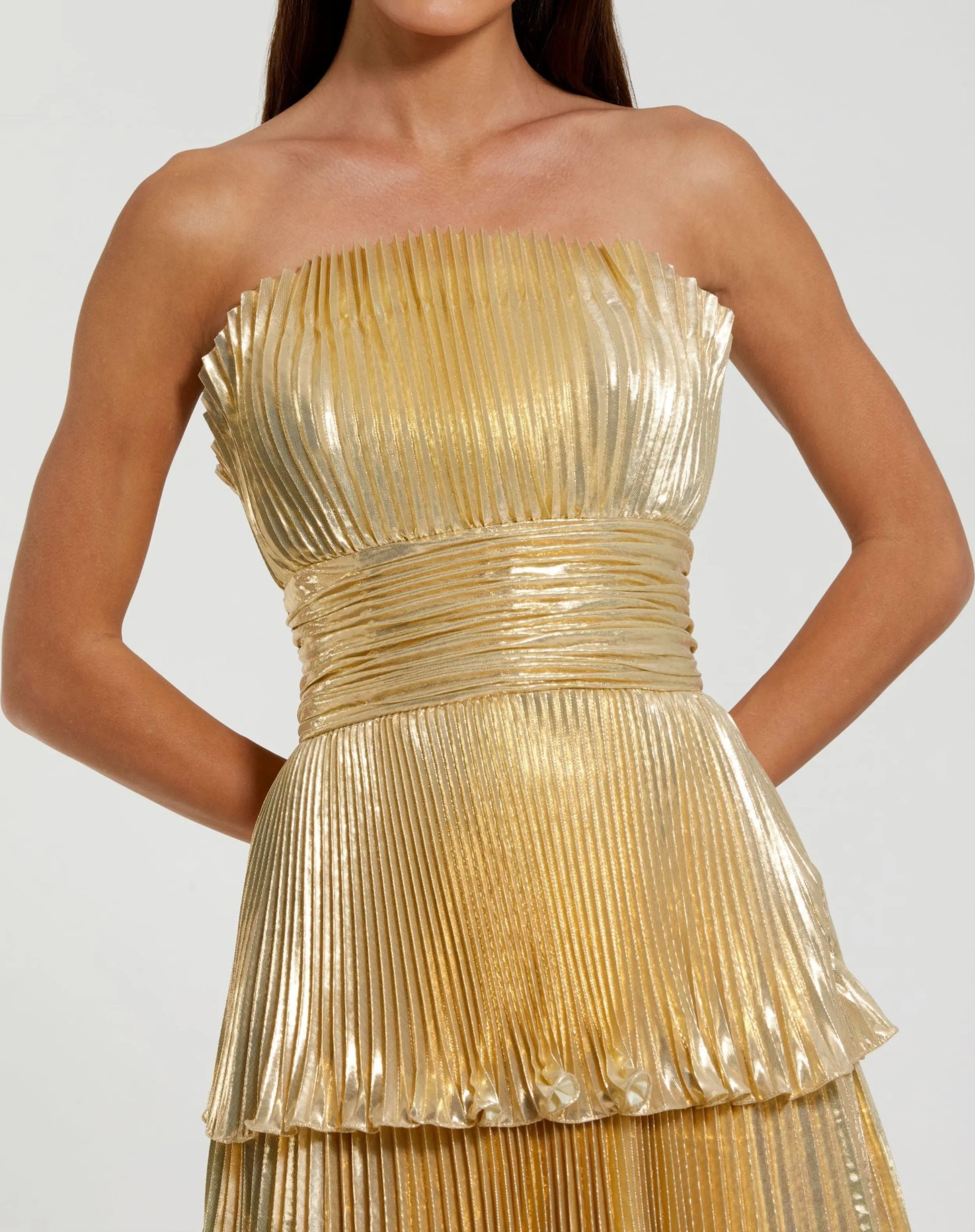 Gold Strapless Pleated Metallic Layered Ruffle Gown sold by Mac Duggal product image thumbnail 2