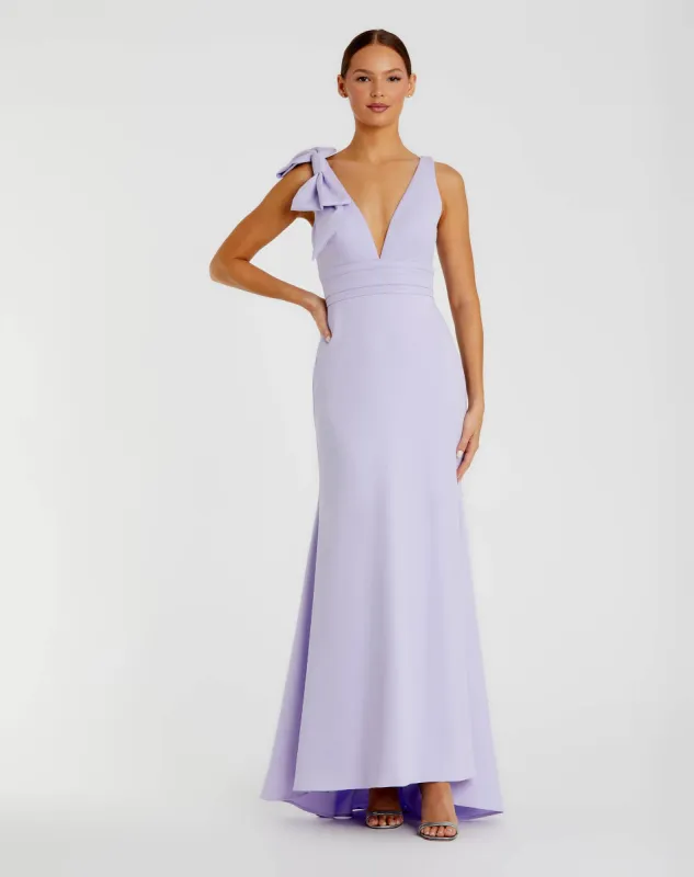 Purple Sleeveless V Neck Bow Detail Mermaid Gown sold by Mac Duggal