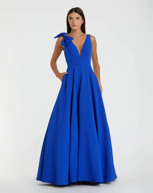 Blue Sleeveless Plunge Neck Crepe Ballgown With Bow Detail sold by Mac Duggal