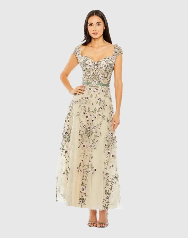 Ivory Floral Embroidered Sweetheart Neckline Midi Dress sold by Mac Duggal