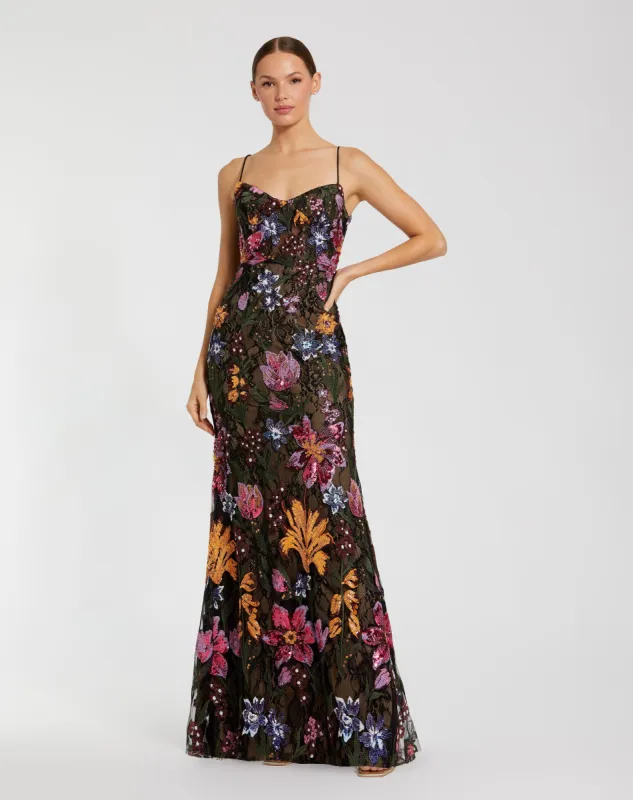 Black Multicolor Floral Embroidered Trumpet Gown sold by Mac Duggal