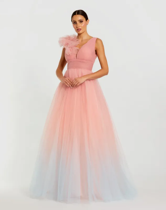 Pink Ruffle Shoulder V Neck Ombre Tulle Ball Gown sold by Mac Duggal
