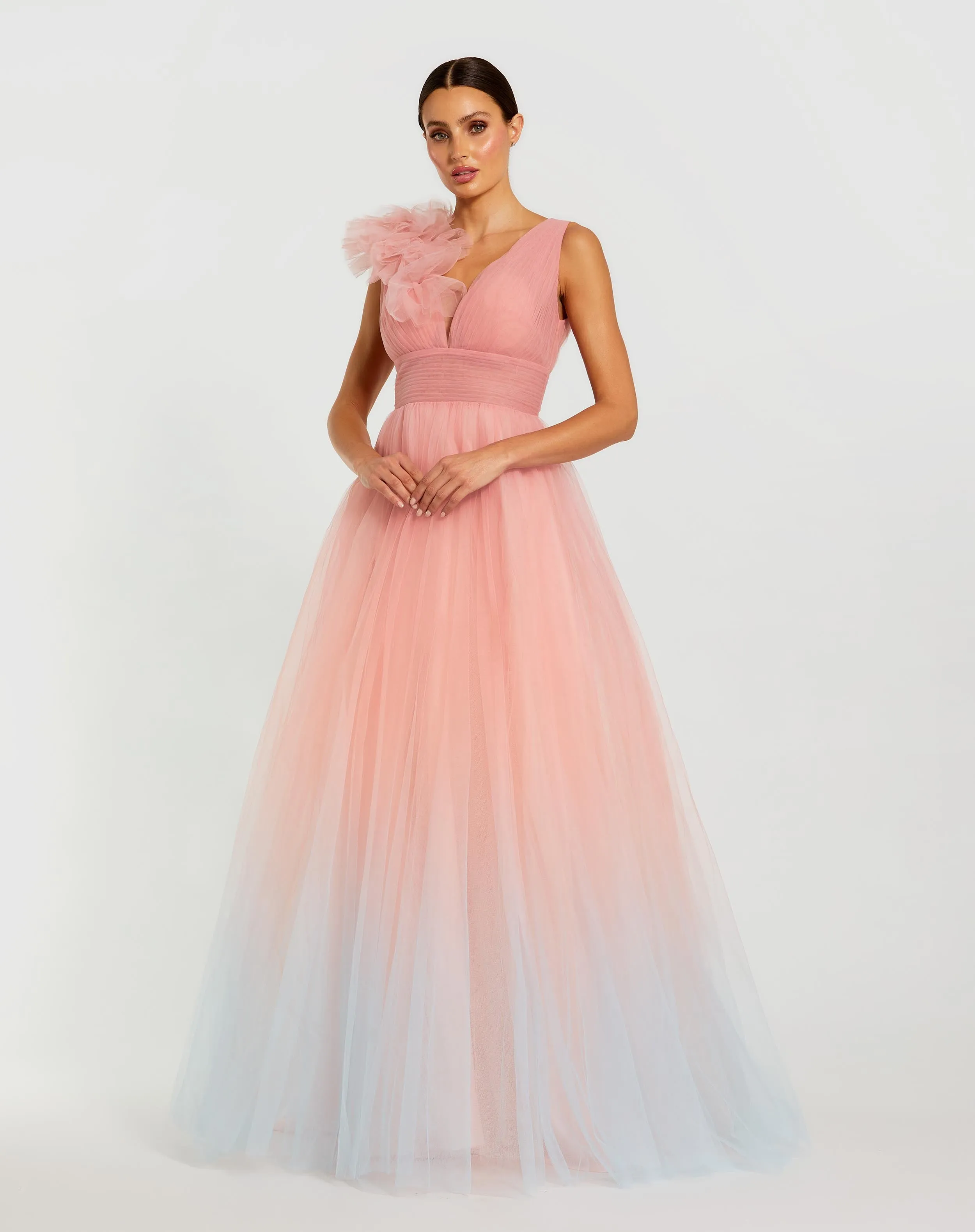 Pink Ruffle Shoulder V Neck Ombre Tulle Ball Gown sold by Mac Duggal