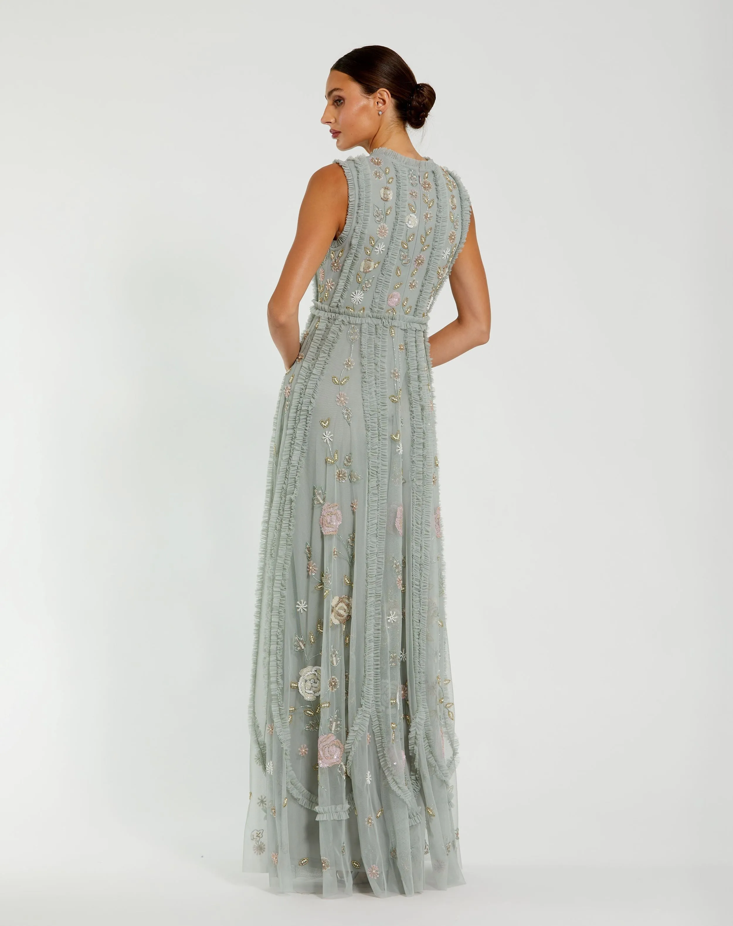 Green Floral Mesh Sleeveless A Line Micro Ruffle Gown sold by Mac Duggal product image thumbnail 3