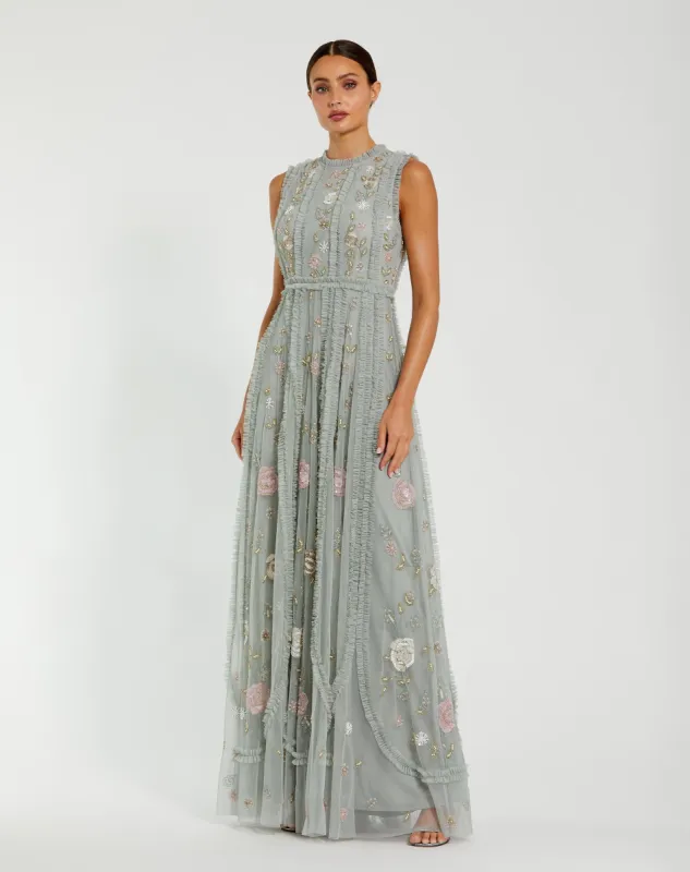 Green Floral Mesh Sleeveless A Line Micro Ruffle Gown sold by Mac Duggal