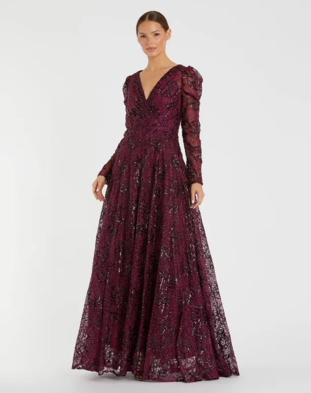 Embellished V Neck Long Sleeve A Line Gown made by Mac Duggal