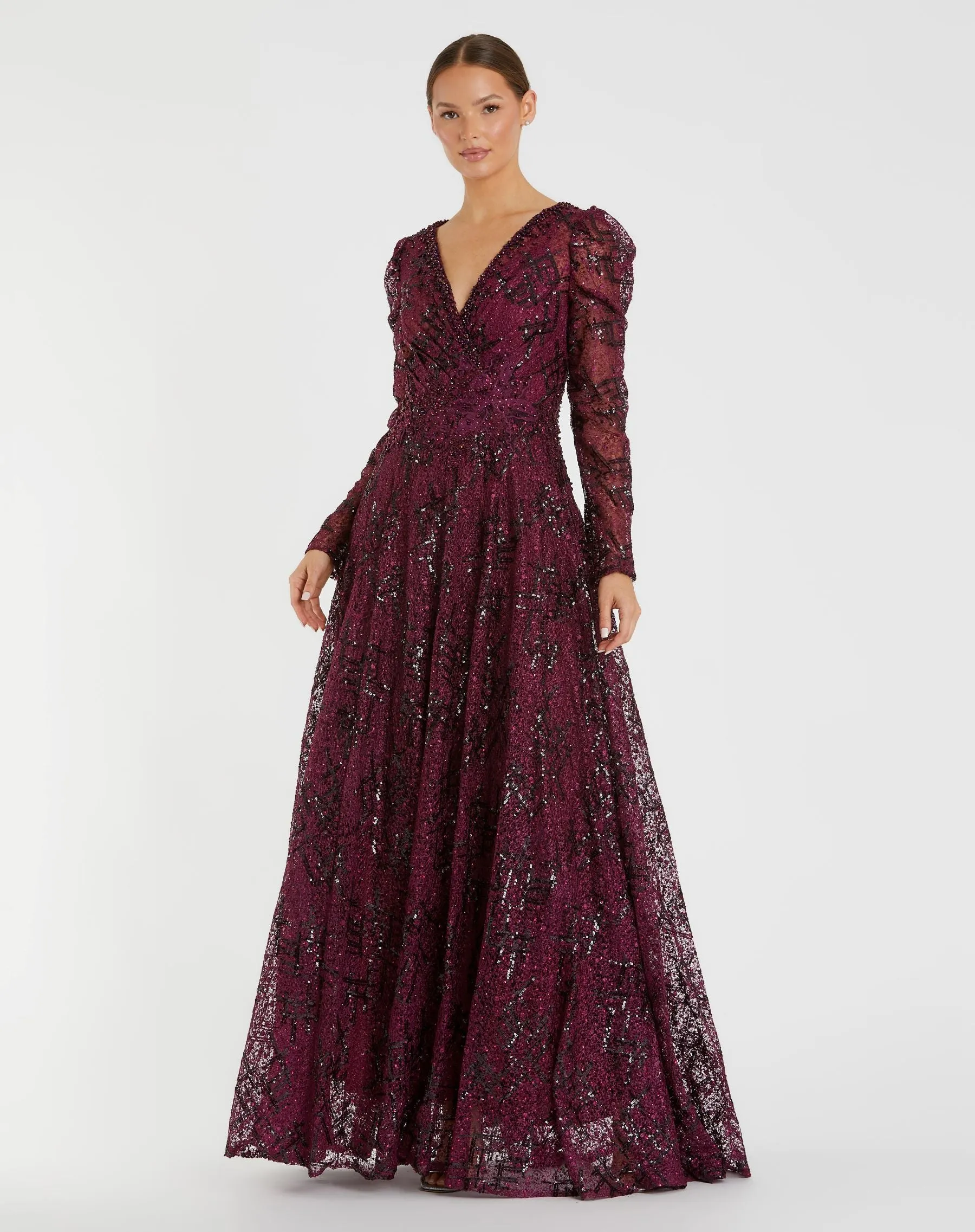 Embellished V Neck Long Sleeve A Line Gown sold by Mac Duggal