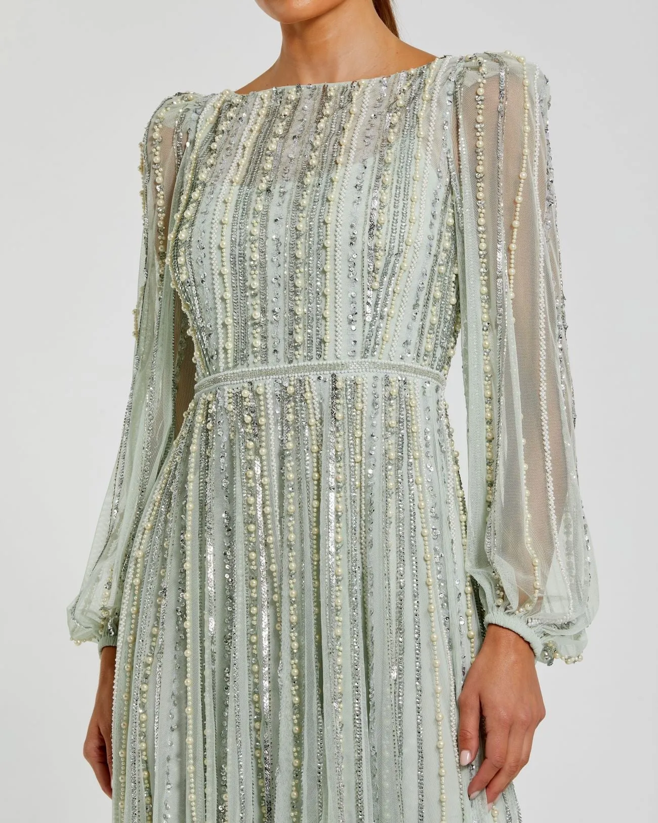Green Boat Neck Long Sleeve Beaded Gown sold by Mac Duggal product image thumbnail 2