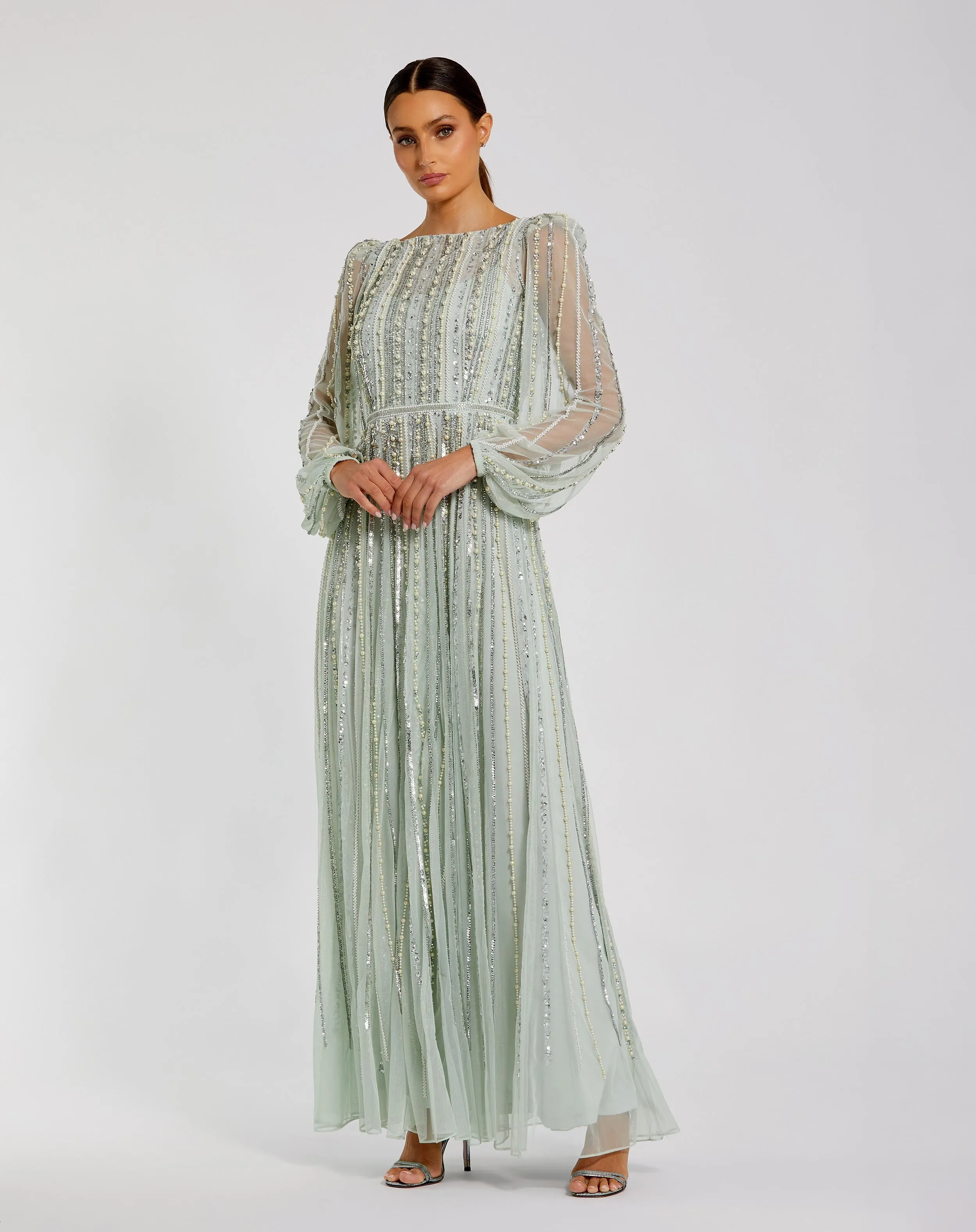 Green Boat Neck Long Sleeve Beaded Gown sold by Mac Duggal