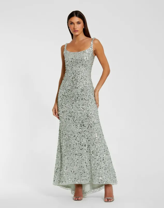 Green Sequined Low Back Slip Gown sold by Mac Duggal