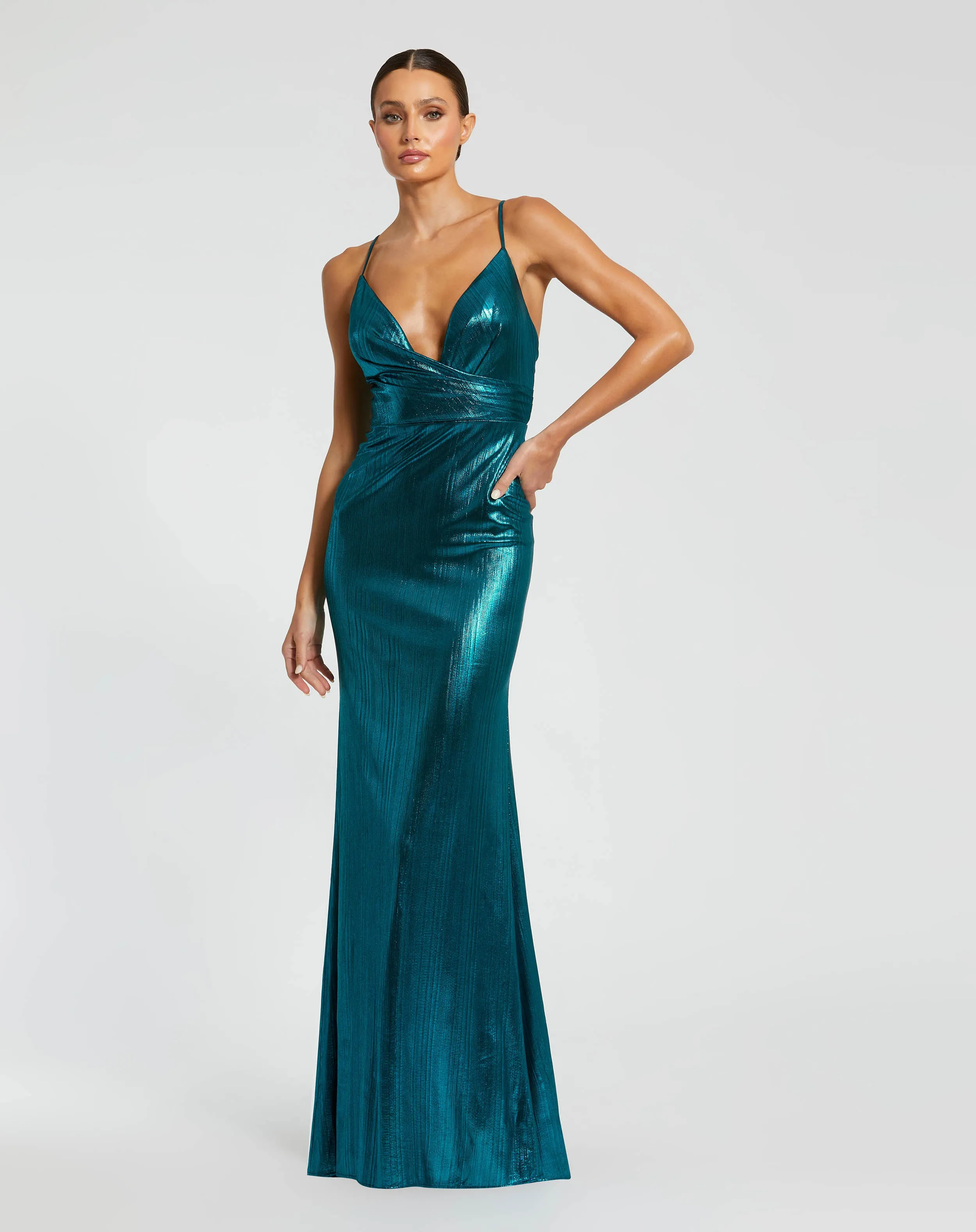 Metallic Faux Wrap Spaghetti Strap Gown sold by Mac Duggal