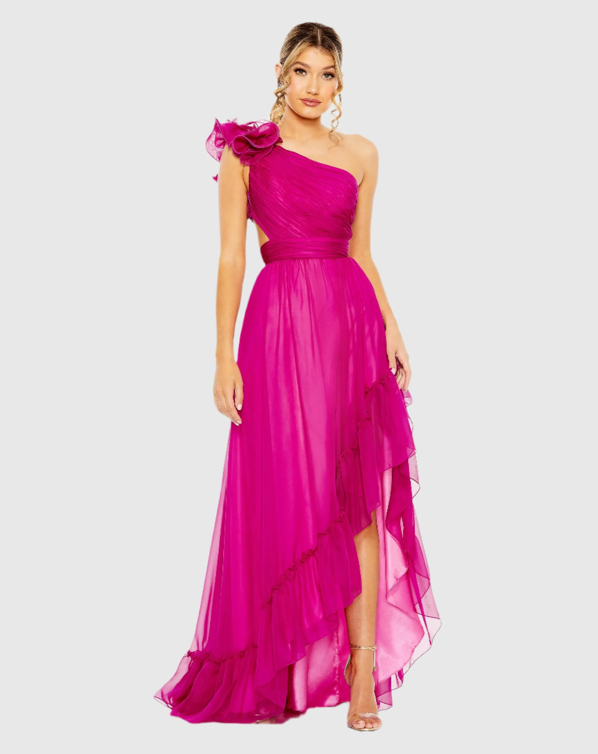 Ruffled One Shoulder Asymmetrical Gown sold by Mac Duggal