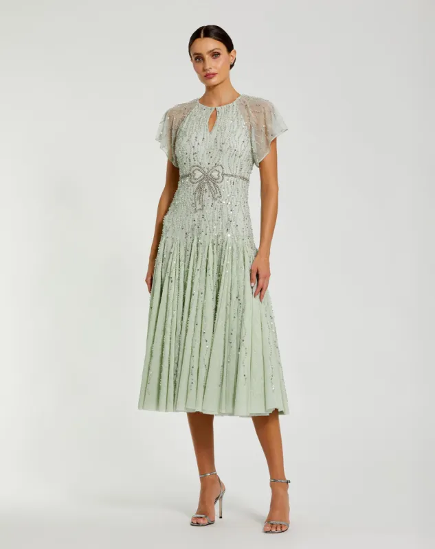 Green Embellished Bow Flutter Sleeve A Line Midi Dress sold by Mac Duggal